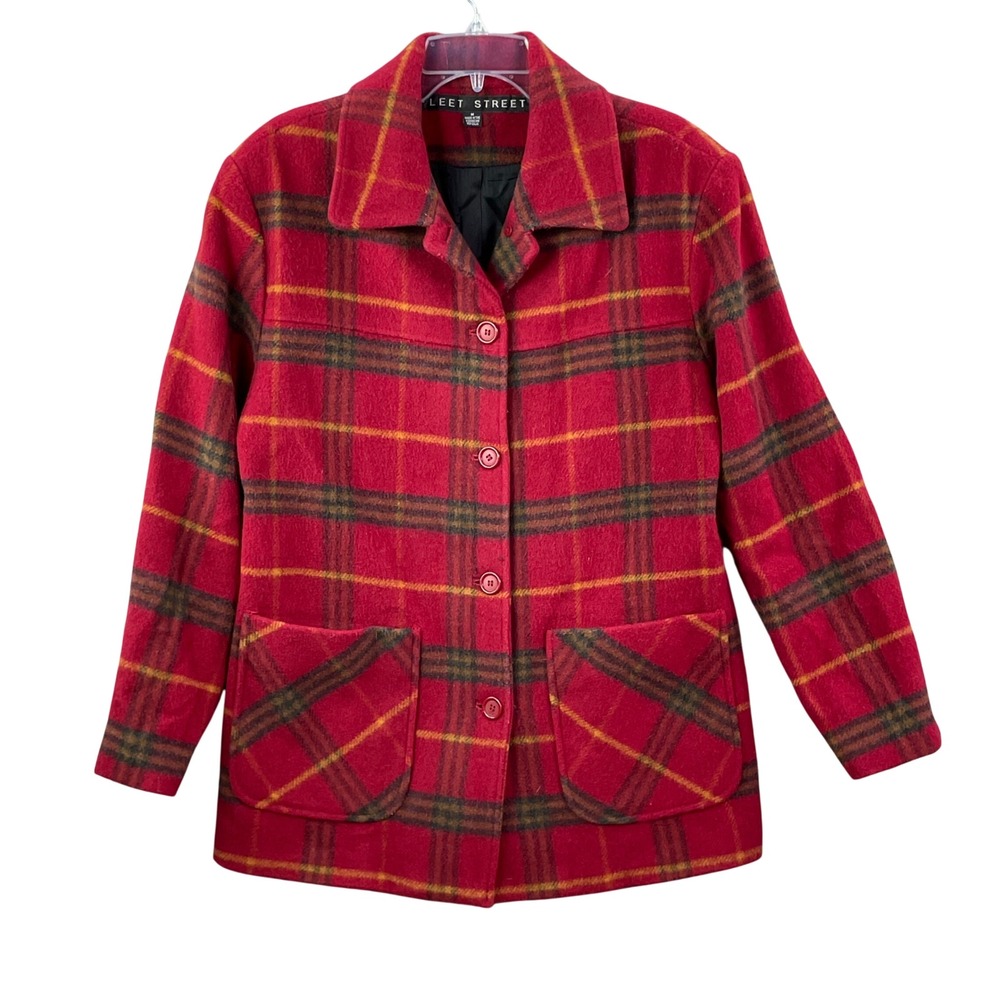 Fleet Street Wool Coat Women's Medium Red Plaid Jacket 100% Wool Academia Preppy